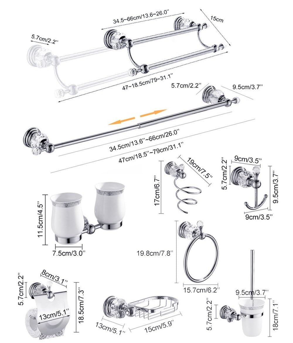 Juego de Accesorios de baño: Estante para Toallas de baño de Cristal, portarrollos de Papel higiénico, Barra para Toallas cromada Plateada, Soporte para Cepillo de Inodoro, Gancho para Batas, Gancho