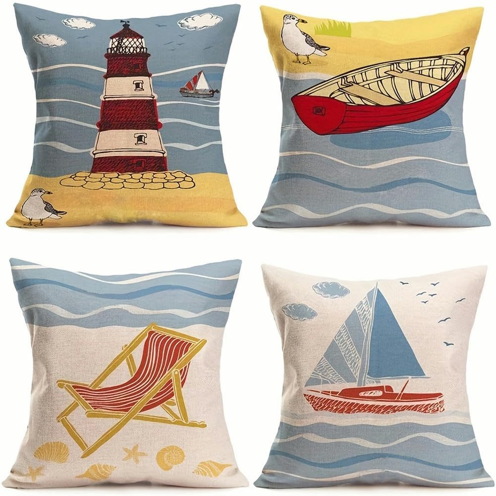 Set di 4 federe decorative per cuscino, 45,7 x 45,7 cm, tema geografico, nautico, vela, faro, barca, blu navy, rosso, ancora con strisce, per divano letto