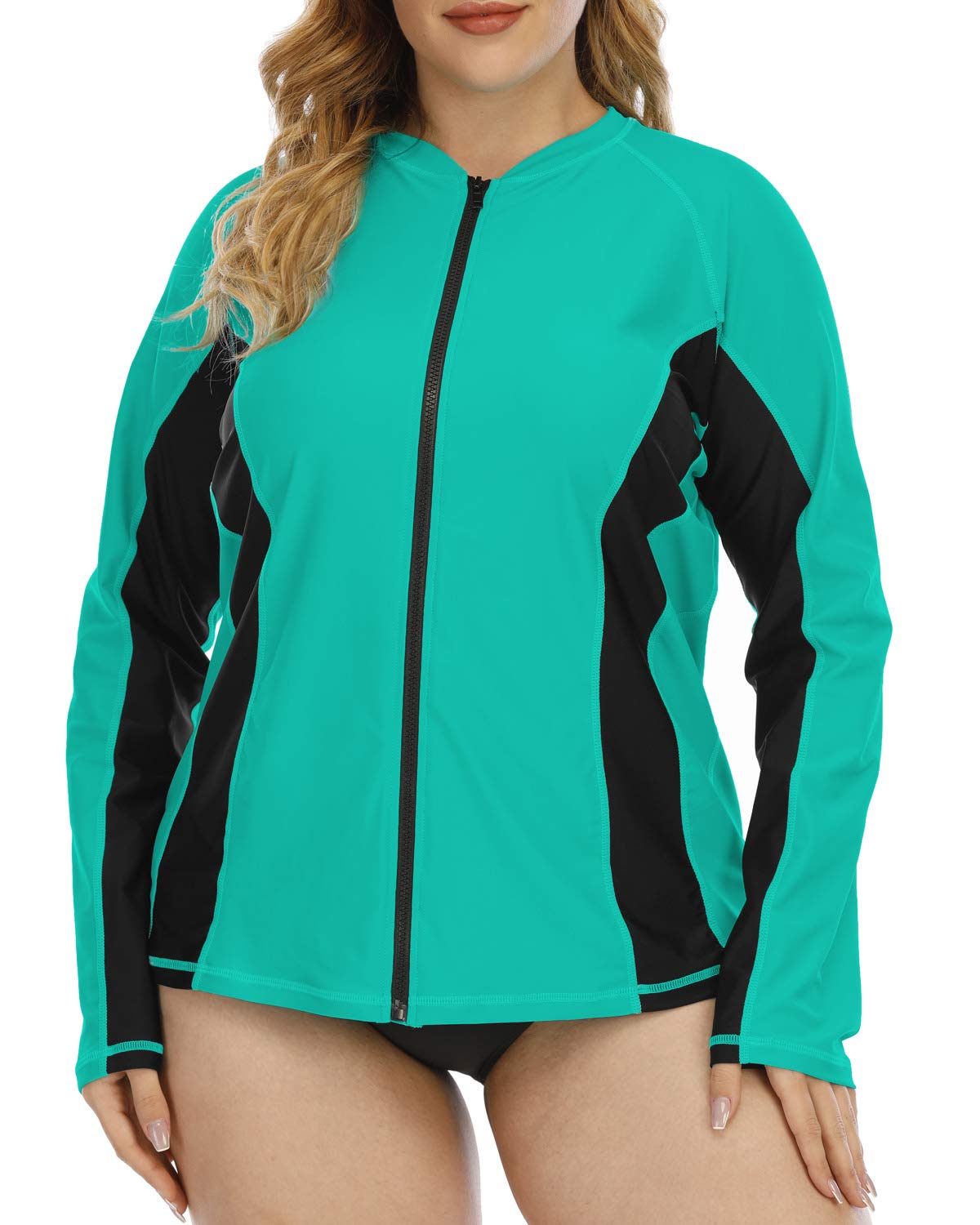 HalcurtWomens Plus Size Long Sleeve Rash Guard Top Full Zipper Swimsuit Swim Shirt
