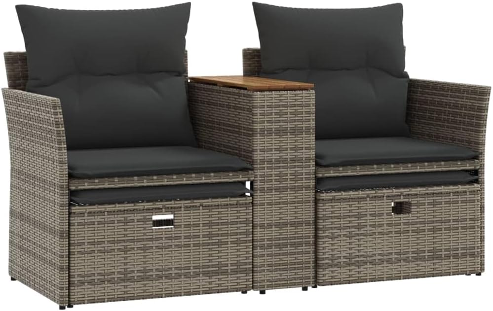 Garden Sofa Grey PE Rattan 2-Seater, Adjustable Feet Outdoor Lounge Set, Powder-Coated Steel Frame Patio Furniture for Balcony Patio Chair