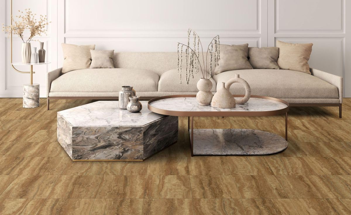 Suelo de vinilo autoadhesivo TRAVERTIN Porto, 30,48 x 30,48 cm (22 unidades/2,04 m²), tablones de vinilo autoadhesivos, laminados, lavados, antideslizantes, resistentes al agua