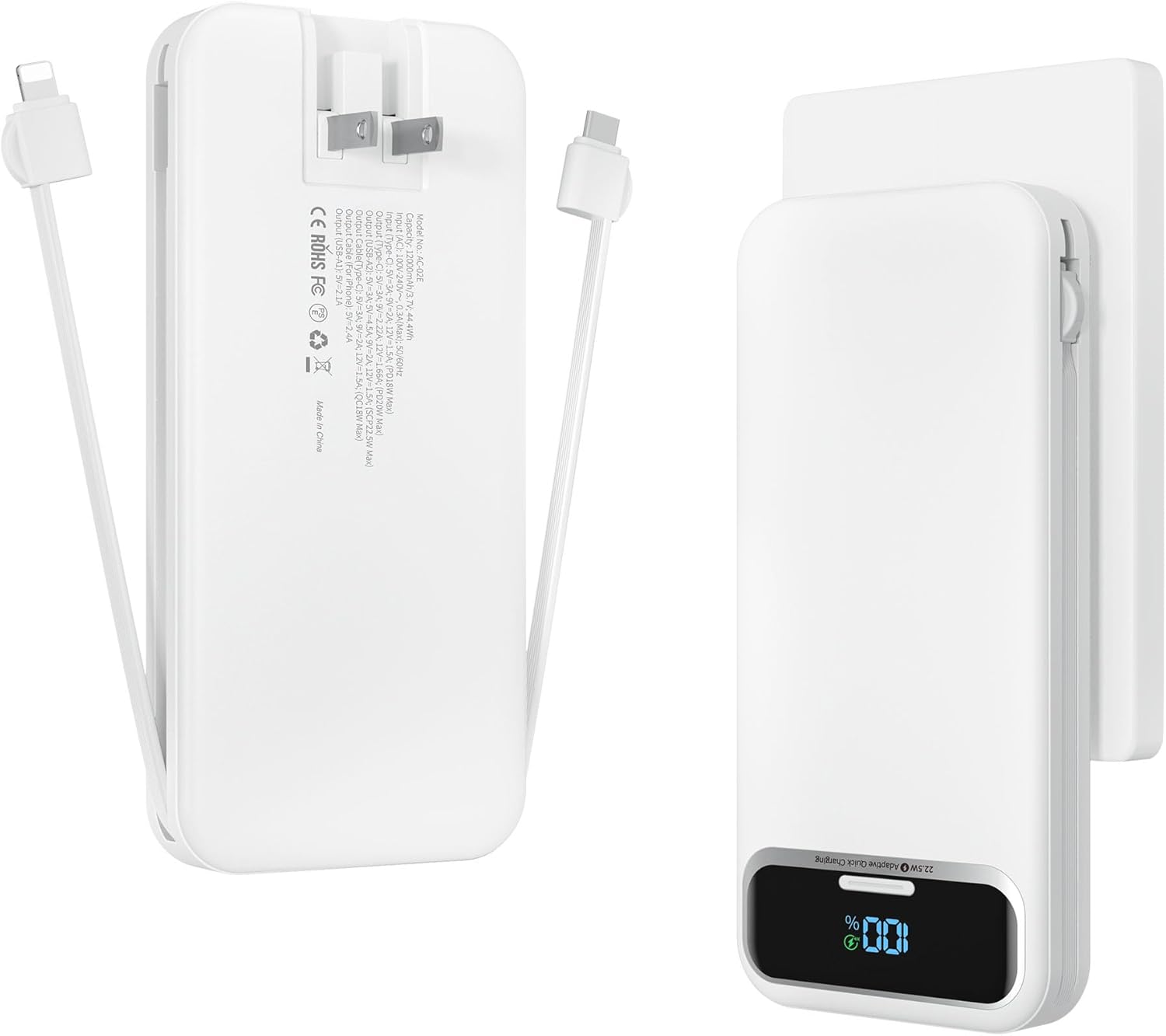 12000mAh Lightweight-Portable-Charger-Power-Bank with Built-in Cables and AC Wall Plug, PD20W USB-C Fast Charging Battery Pack, LED Display External Travel Phone Charger for All iPhone,Samsung,Android