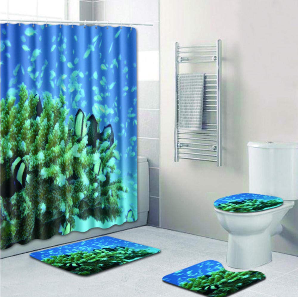 DHYWGS Waterproof washable bathroom curtain Blue-green coral fish print Shower curtain set bathroom Non-slip mat Three-piece toilet waterproof-180cm+45cm*75cmd