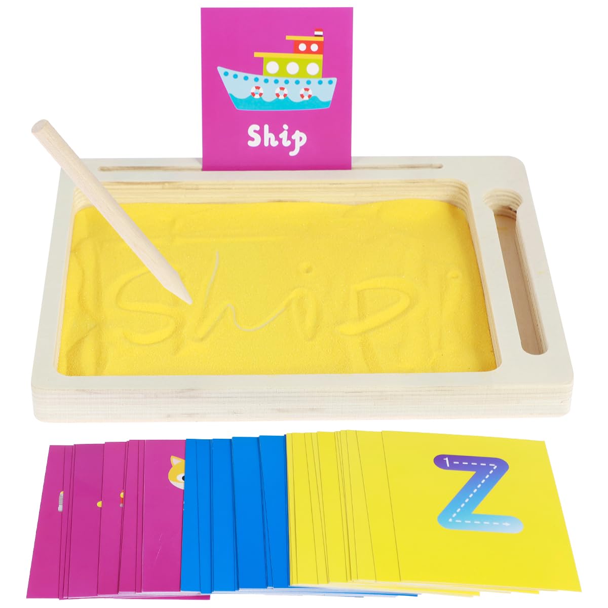 Montessori Sand Tray Toys Wooden, Sand Writing Trays for Kids, Wooden Sand Trays, Wooden Sand Tray Box, Montessori Sand Writing Tray with Wooden Pen Sand and Cards for Writing Letters and Number