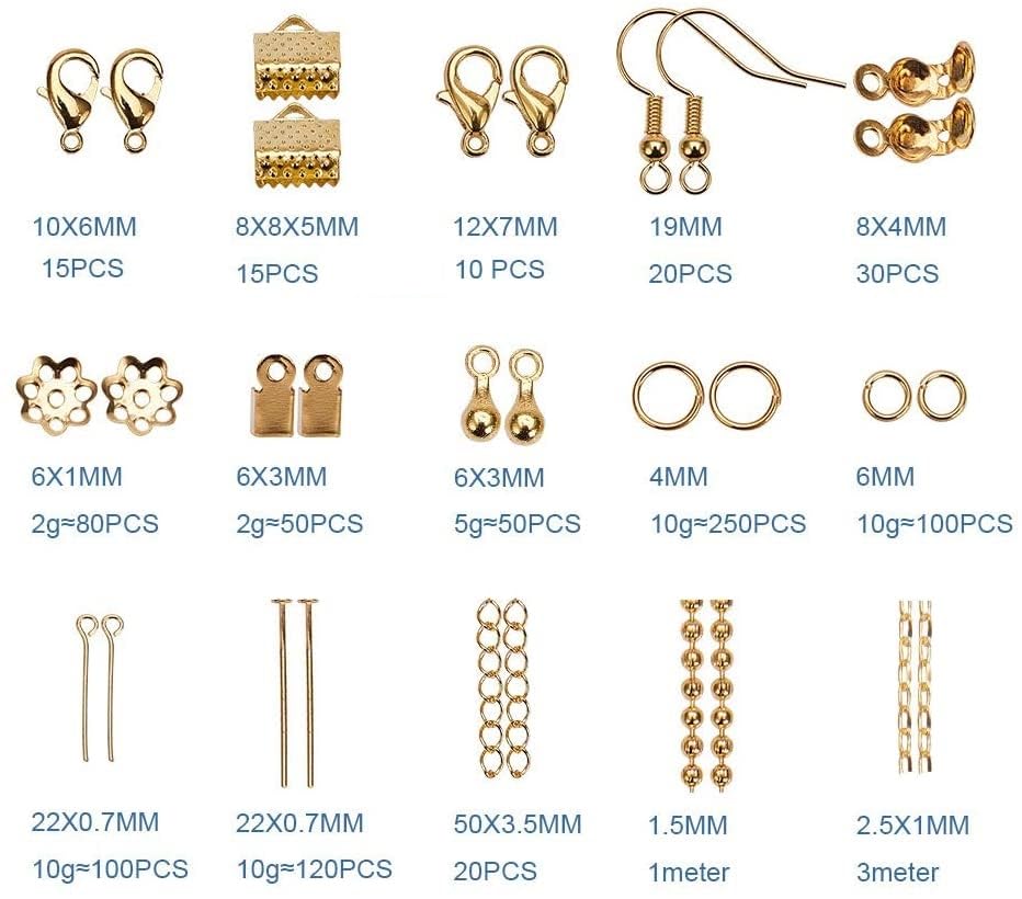 JAUNTY Golden Plated Jewellery Finding Material Mix Box, Eyepins, Headpins, Ear Hooks, Bead Caps, Jumprings, Clasps Chains and Cord End for Jewellery Making and Crafts Work