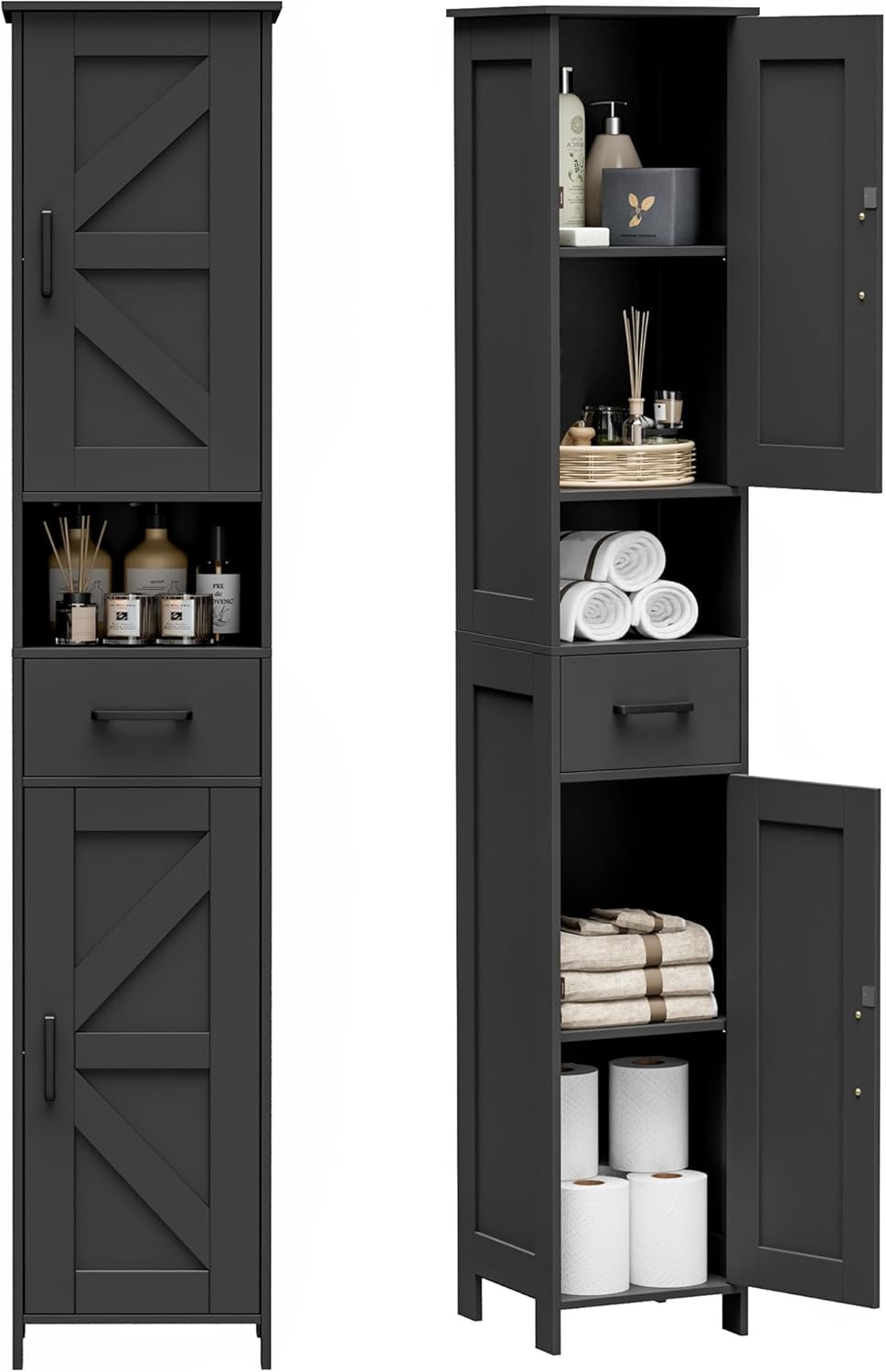 Homhedy 67" H Tall Bathroom Storage Cabinet with 2 Barn Doors and 1 Drawer, Narrow Storage Unit, Adjustable Shelves, Floor Cabinet for Bathroom, Living Room, Entryway, Kitchen, Black, (11.8" W) 11.8"D x 11.8"W x 66.9"H Black