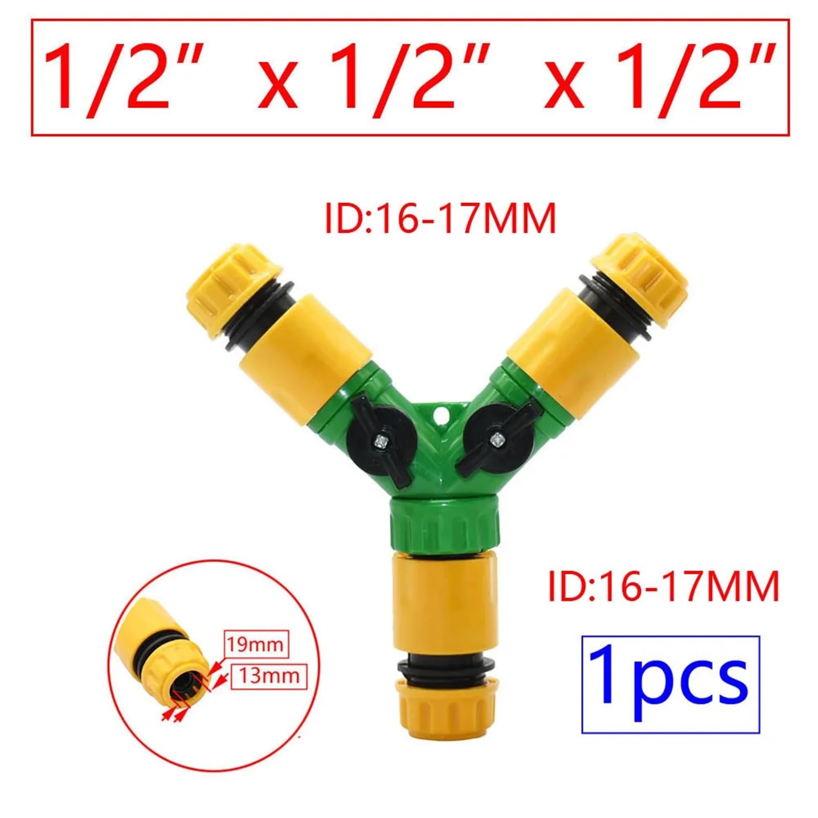 Conector en Y de 16 mm de 1/2 3/4 pulgadas de 2/3 vías para grifo de jardín, divisor de agua con válvula de riego rápido (verde)