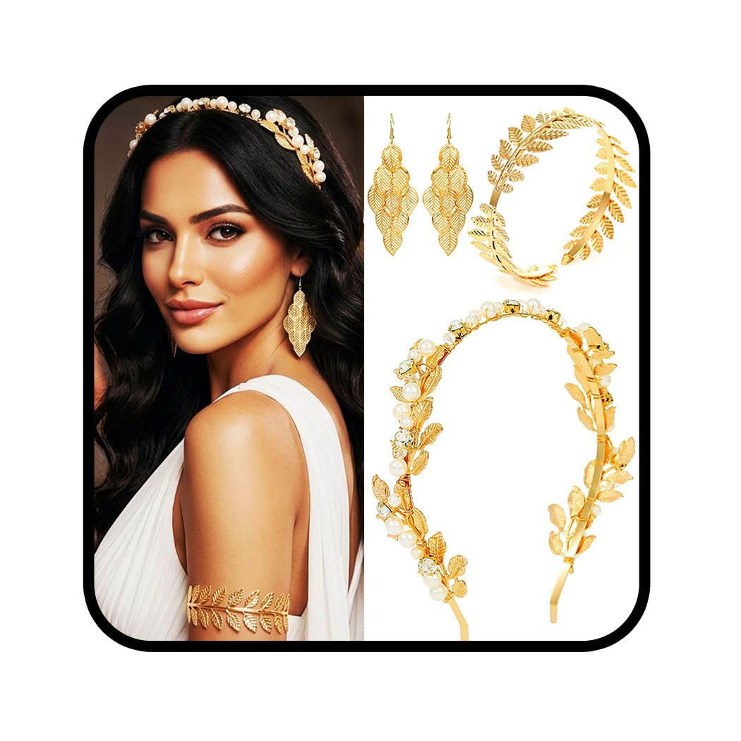 Sixexey Greek Goddess Costume Accessories Golden Leaves Headband Laurel Leaf Upper Arm Cuff Earring Jewelry Rome Toga Party Costume Accessories for