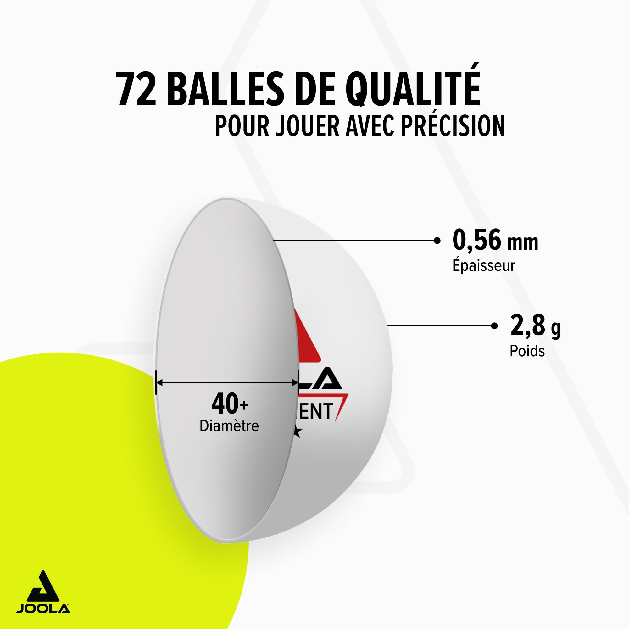 JOOLA Balles de tennis de table Tournament Sélectionnées 40+ mm de diamètre, 3 étoiles Premium Balles de tennis de table pour intérieur et extérieur, Blanc (Paquet de 72)