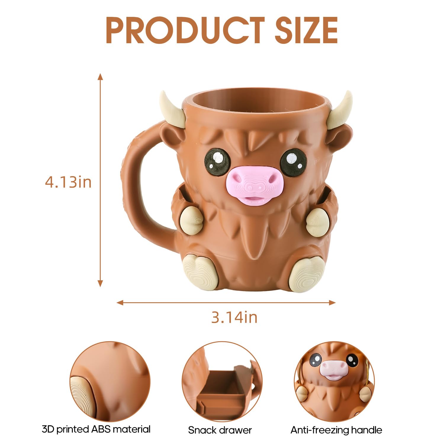 Highland Cow Ice Cream Holder with Handle and Spoon 3D Reusable Ice Cream Tub Pint Holder with Snack Drawer Cute Animal Anti-Freeze Cup Holder for Ice Cream Beer Can (Large) - Image 2