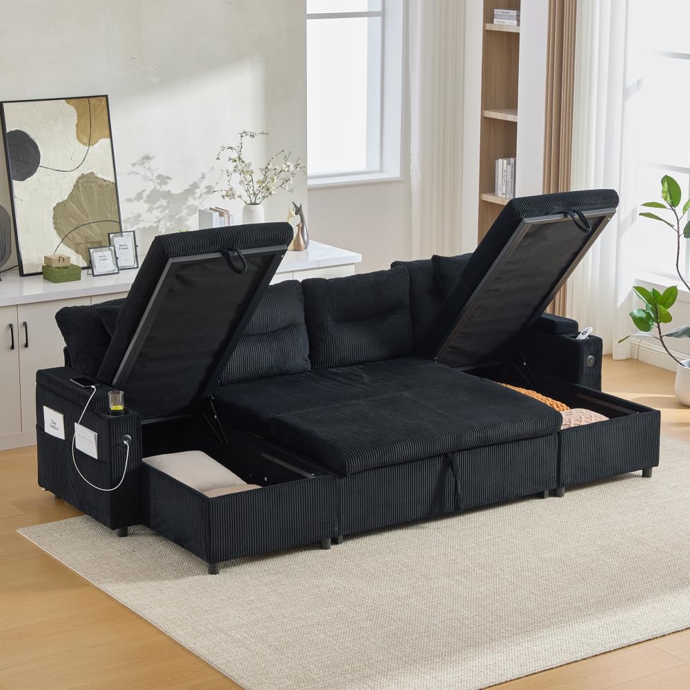 Lubvtti Sofá cama de 4 plazas con portavasos, puertos USB, almacenamiento integrado, sofá de 4 plazas moderno de pana, sofá esquinero en forma de U con chaise longue (negro + 4 plazas)
