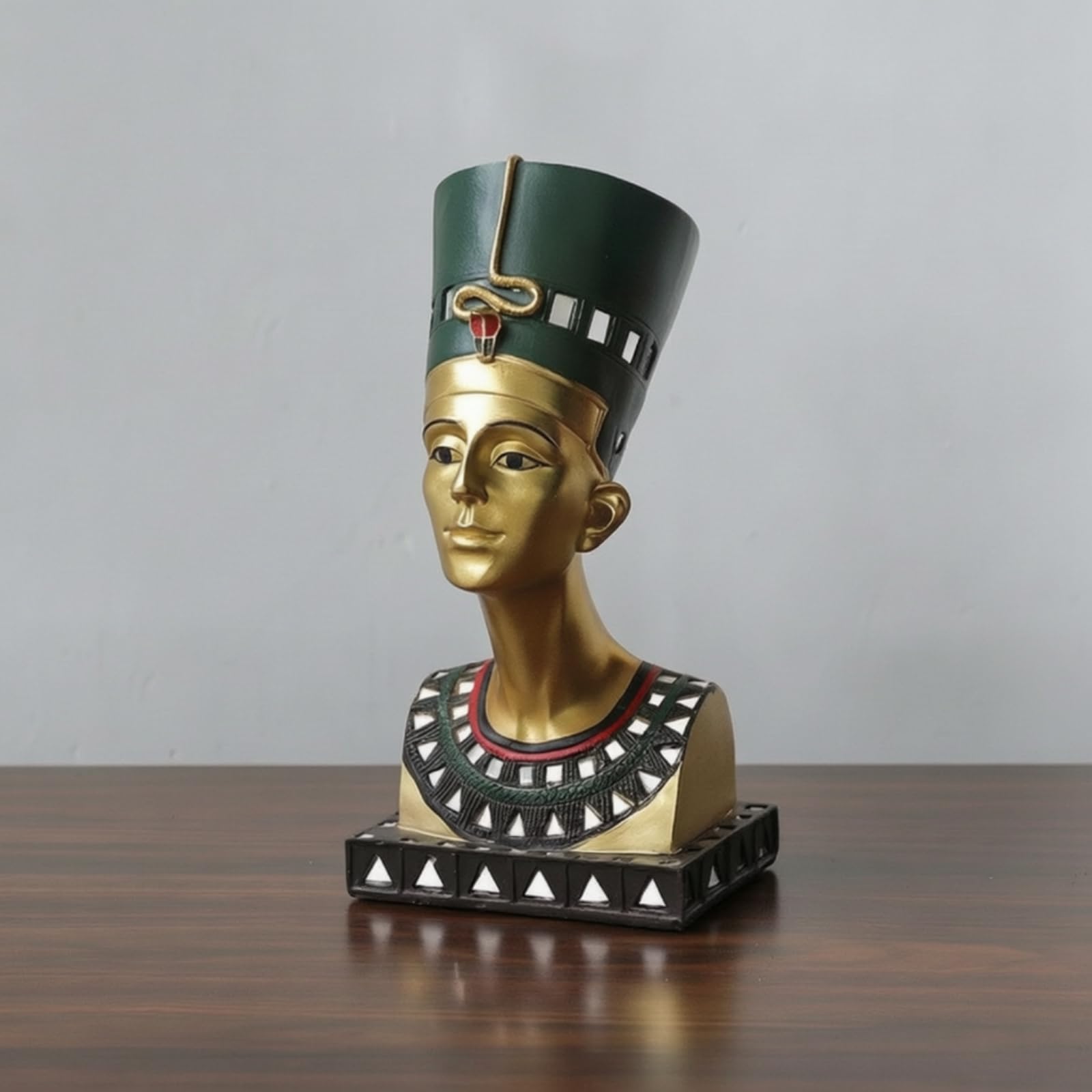 Busto Decorativo de Resina Reina del Estatua Figurilla Escultura Rostro Dorado Alto Base Cuadrada Patrón Geométrico Adecuado para Estanterías Oficina Recibidor Salón