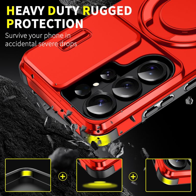 Image of LuxuryKase Shockproof Rugged Case for Samsung Galaxy S26 Ultra | Slide Camera Cover | 360 Rotating Ring Kickstand | Military-Grade Protection - Cherry Red