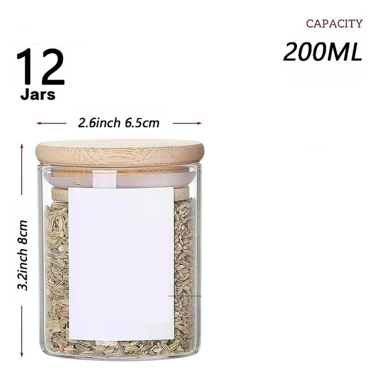 12PCS frascos de especias de vidrio 6.5oz con bambu hermetico | Recipientes para condimentos de especias, hierbas, cafe y sazonadores
