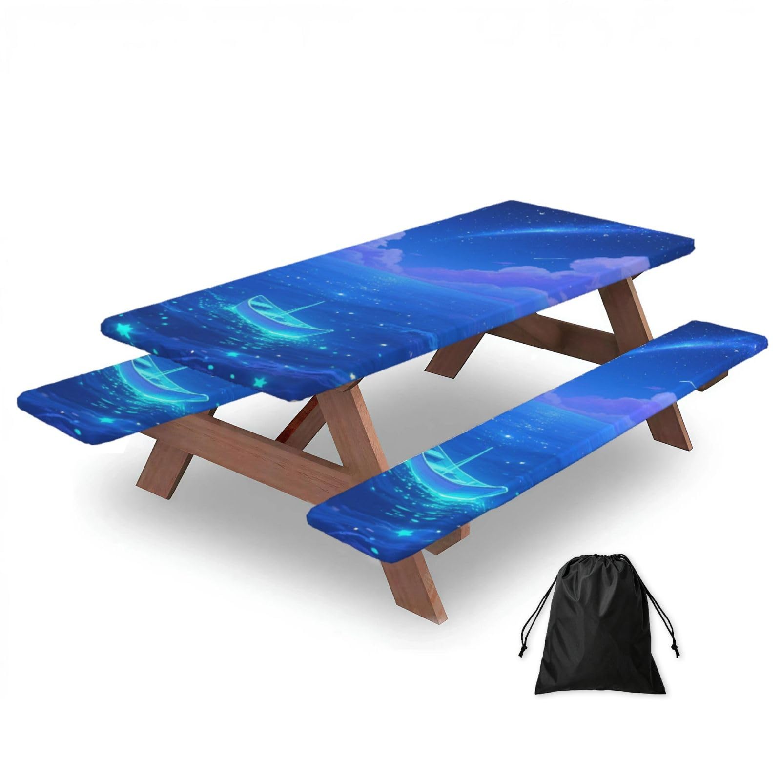 FekiLoot Fluorescent Sea Picnic Table Cover with Bench Covers and Bag, Windproof Waterproof Rectangle Tablecloth with Elastic Edges Fitted Camping Table Covers for Picnic Party Travel