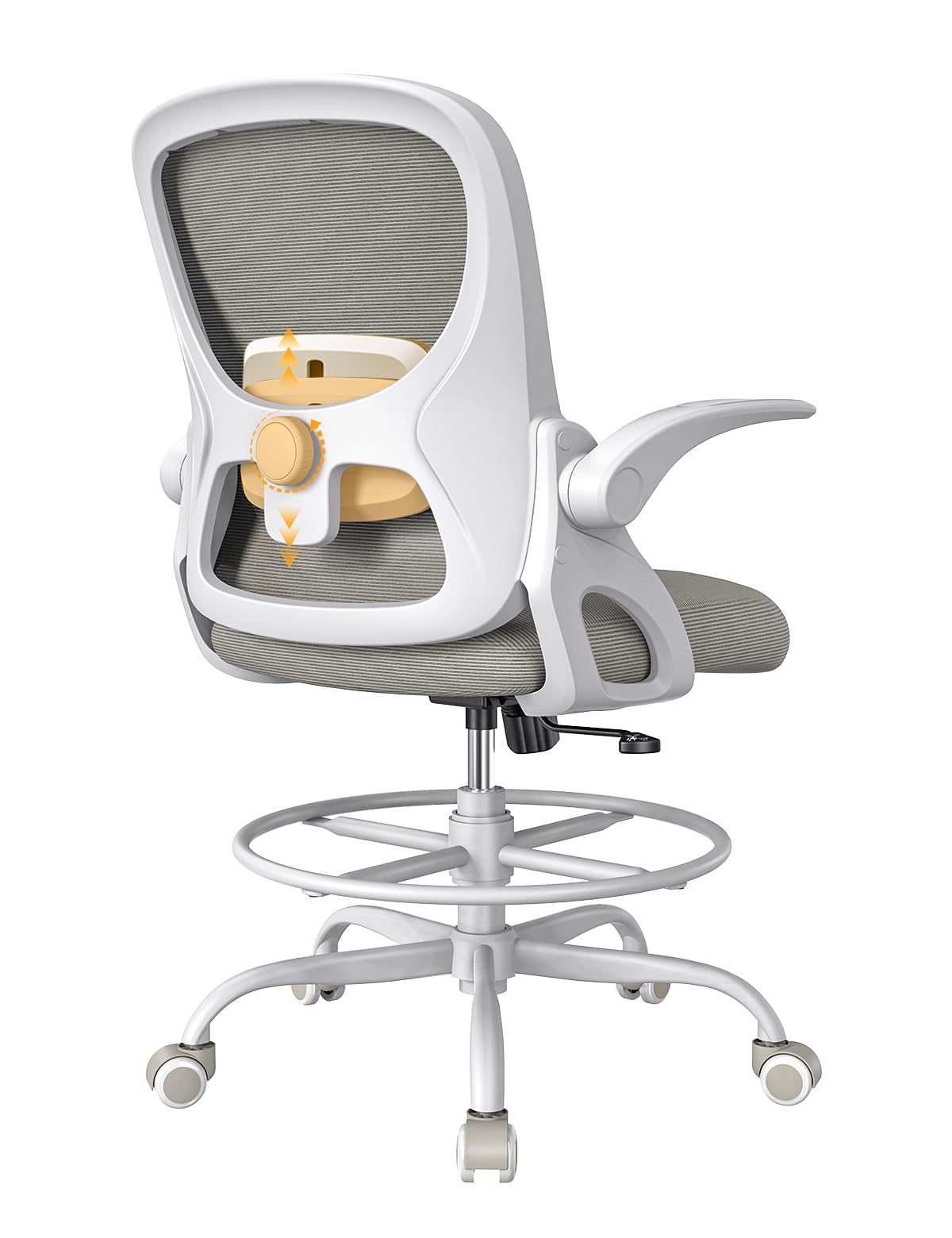 LukkDys Drafting Chair,Tall and Standing Desk Chair with Flip-up Armrests, Ergonomic Comfy Lumbar Support and Adjustable Footrest Ring Office/Computer Chair (White-Gray)