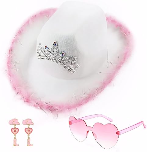 AoMoon Sombrero de vaquera con lentes de sol en forma de corazón aretes de vaquera plumas rosas blanco sombrero de vaquera paquete de 3 unidades