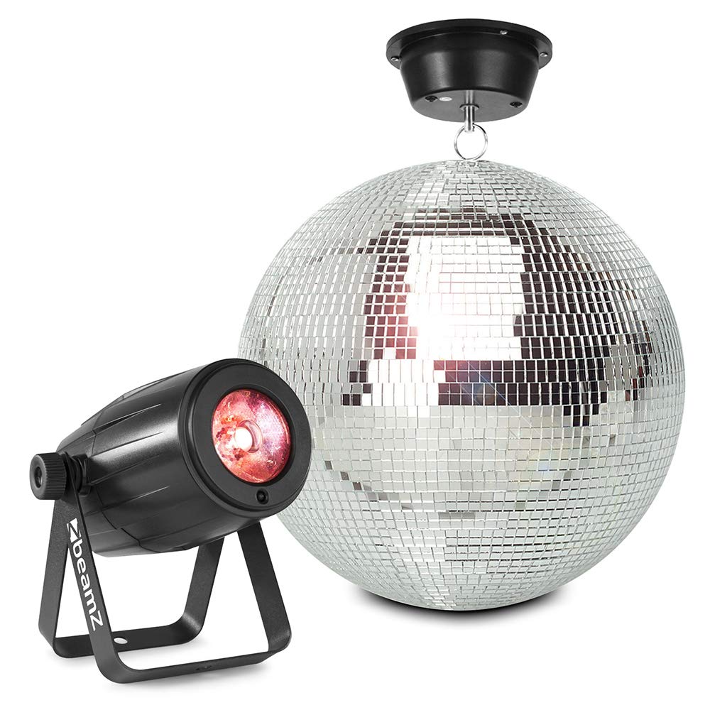 BeamZ MB30 30cm Disco Mirror Ball Set with Motor & RGBW LED Pinspot Light - Silver Hanging Glitter Ball Package for Weddings, Parties, DJs, Events & Venues