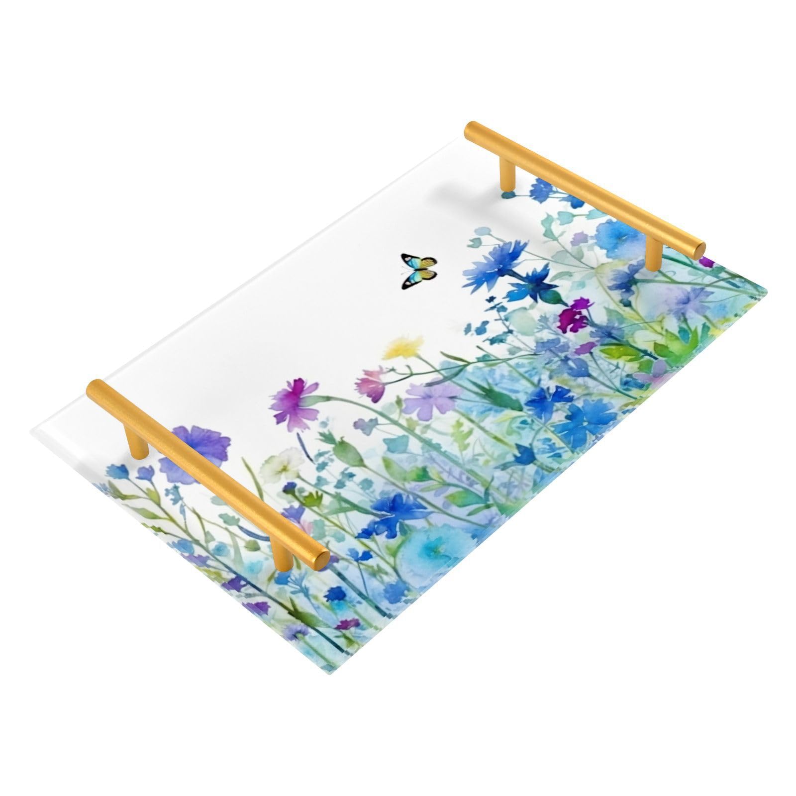 Wassud Bathroom Vanity Tray with Handles Watercolor Flower Field Acrylic Jewelry Perfume Organizer for Bathroom Kitchen Counter 11.81