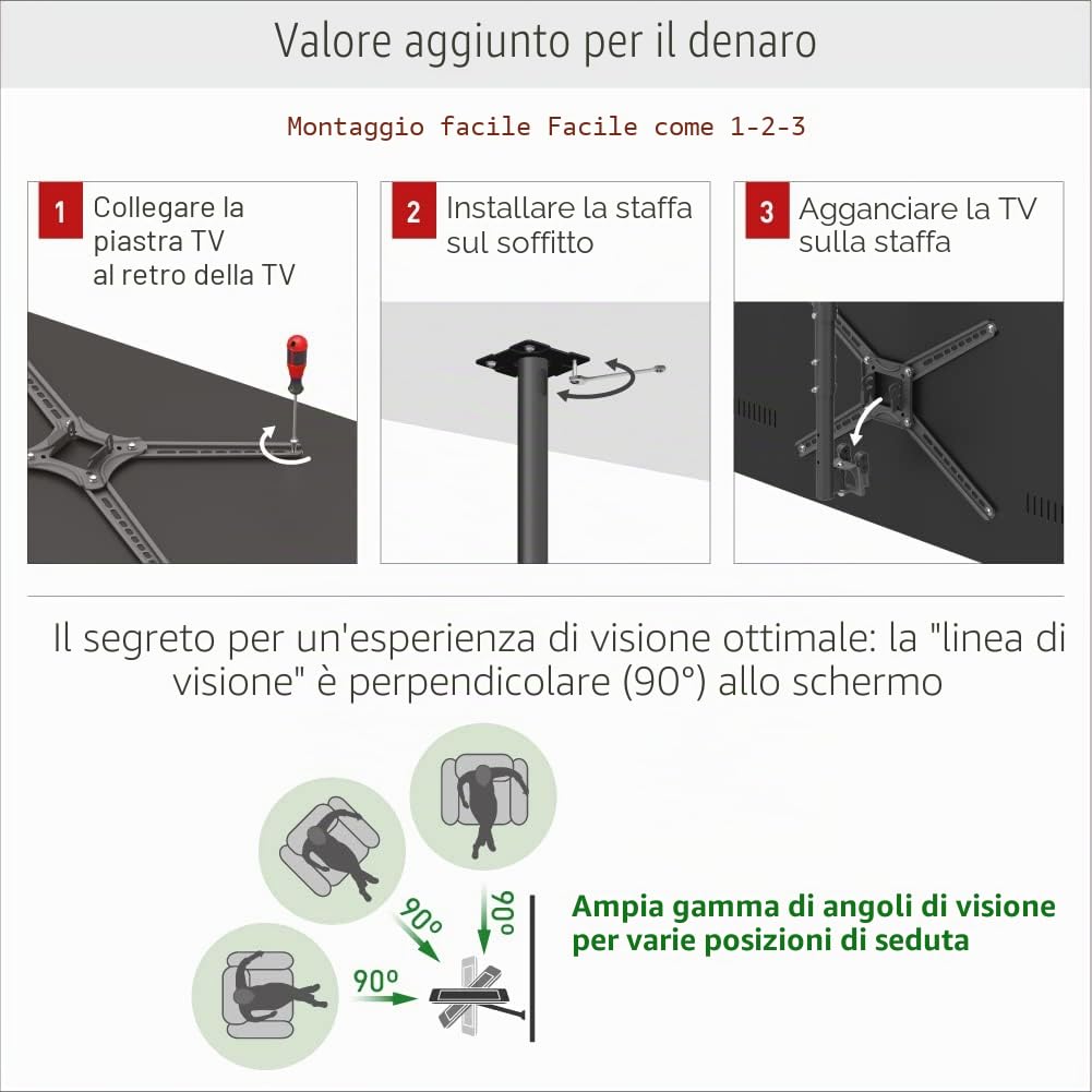 Barkan Supporto da soffitto lungo 97 cm, inclinabile da 29 – 65 pollici, movimento piatto e curvo, può contenere fino a 40 kg, telescopico regolabile in altezza, per LED OLED LCD, max. VESA 400 x 400,