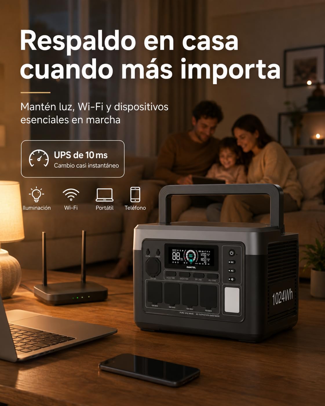 Oukitel P1000PLUS Estación de Energía Portátil 1024Wh 1800W, Batería LiFePO4, Energía de Respaldo para Hogar, SAI 10ms, Control por App, para Autocaravana y Camping