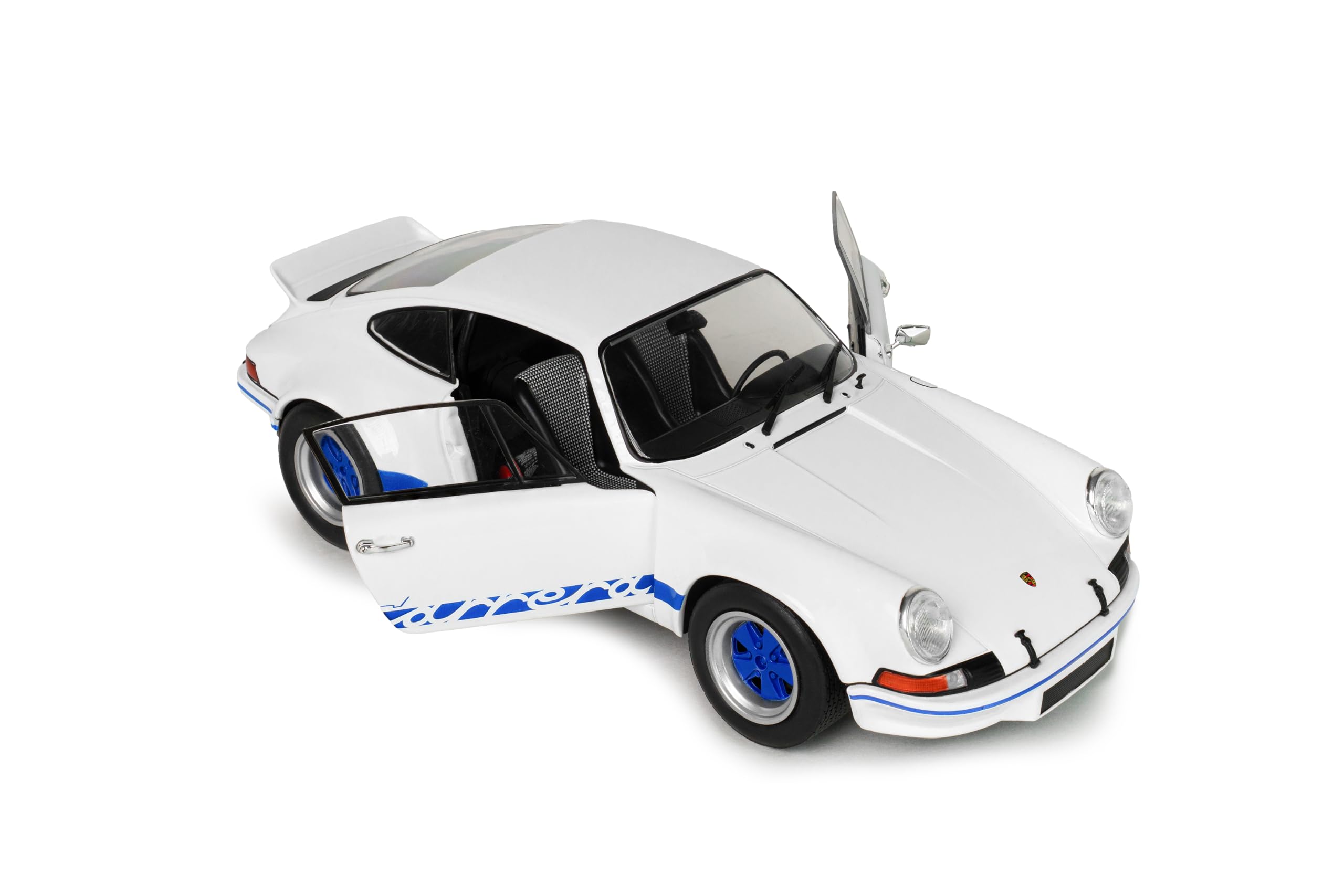 Solido Porsche 911 RSR 1973 – Diecast Voiture Miniature de Course Classique 911 avec décor Carrera, carrosserie détaillée et Jantes de Sport, Blanc avec des Accents Bleus, 1:18