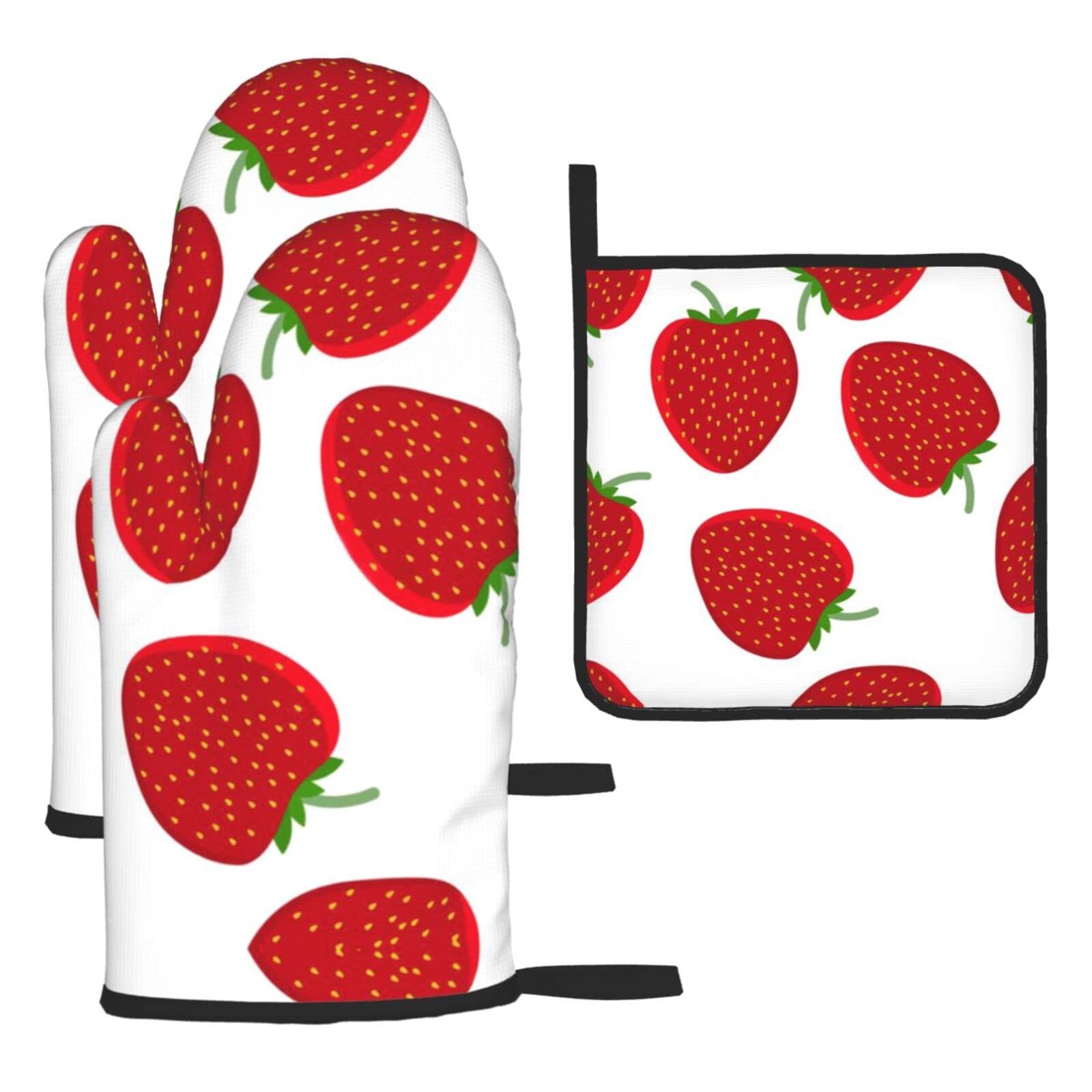 Strawberry Oven Mitts and Pot Holder Kitchen Set for Grilling, Cooking, Baking, Heat Resistant