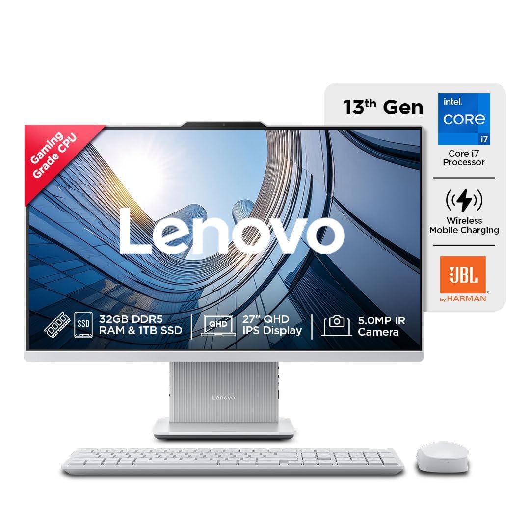 Lenovo IdeaCentre AIO 13th Gen Core™ i7-13620H 27" QHD Touch IPS (32GB RAM/1TB SSD/Windows11/Office 24/3Wx2 Harman Speakers/Wireless EOS Keyboard & Mouse, Cloud Grey), F0HM00PNIN All-in-One Desktop