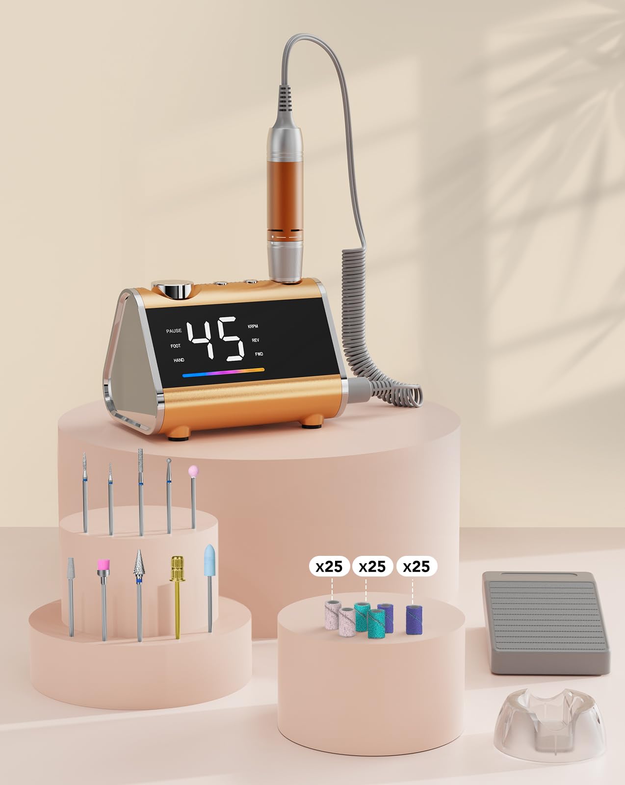 HOMEASY Torno para Uñas Profesional 45000 RPM, Máquina Pulidora de Uñas Eléctrica con Pantalla LCD HD y Pedal, Bajo Ruido y Vibración, Kit con 10 Brocas y 75 Bandas de Lijado para Uso en Casa y Salón | Pantalla LCD con funcionamiento de red y pedal para u