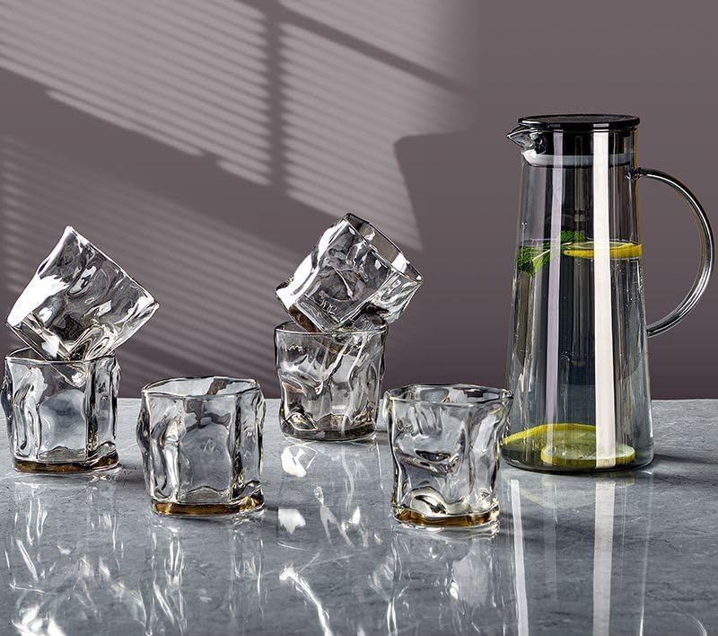 Image of Premium Black Water and Juice Glasses Set of 6 300ML and 1.8 Liter Water Jug 1 Piece,Transparent Glass and Jug Set for Dining Table,Party,Gift Set,All pourpse use (7 Piece) (MT-12)