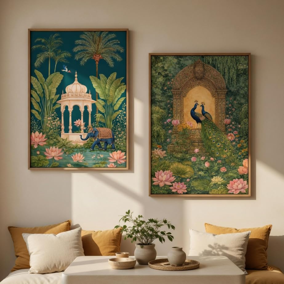 Image of Livin'luxe Royal Peacock Palace Garden Wall Painting Set of 2 with Wooden Frames | Vintage Mughal Garden Artwork HD Sparkle Laminated MDF Wall Decor | Traditional Indian Wall Art for Living Room