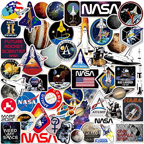 NASA Missions 50ct Vinyl Large Deluxe Stickers Variety Pack - Laptop, Water Bottle, Scrapbooking, Tablet, Skateboard, Indoor/Outdoor - Set of 50