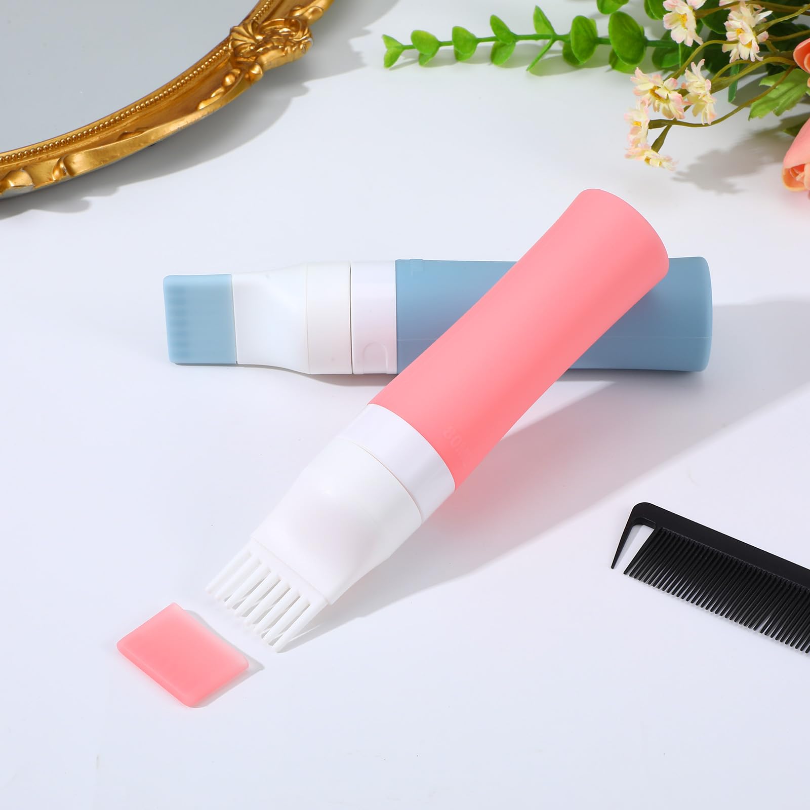 JIEYAO Applicatore di olio per capelli, 2 flaconi di silicone da 80 ml, con diverse aperture, pettine per la tintura dei capelli, per la cura del cuoio capelluto