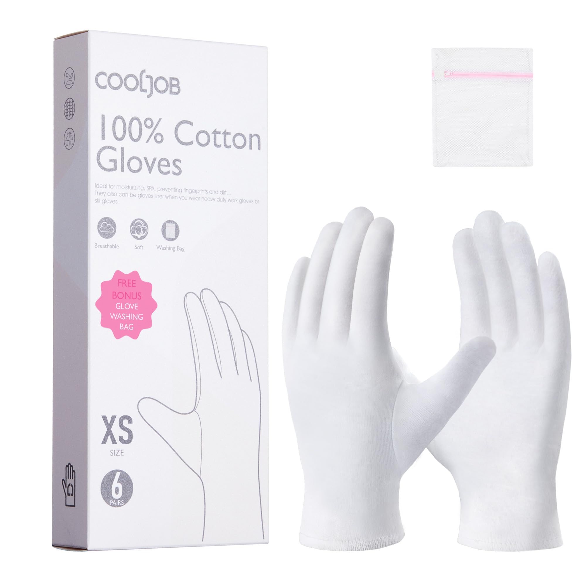 COOLJOB Guanti di cotone, guanti in tessuto bianco, 100% cotone, per mani asciutte e dermatite atopica, guanti idratanti, lavabili – Sacchetto di lavaggio incluso (6 paia, taglia XS)