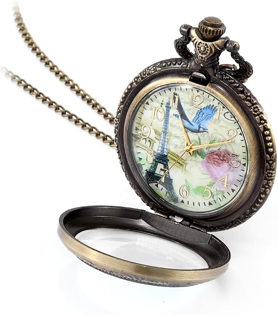 JewelryWe Retro Vintage Style French Tower Pocket Watch Pendant Rose and Bird Design Mens Women's Locket Watch 31" Chain Included (with Gift Bag)