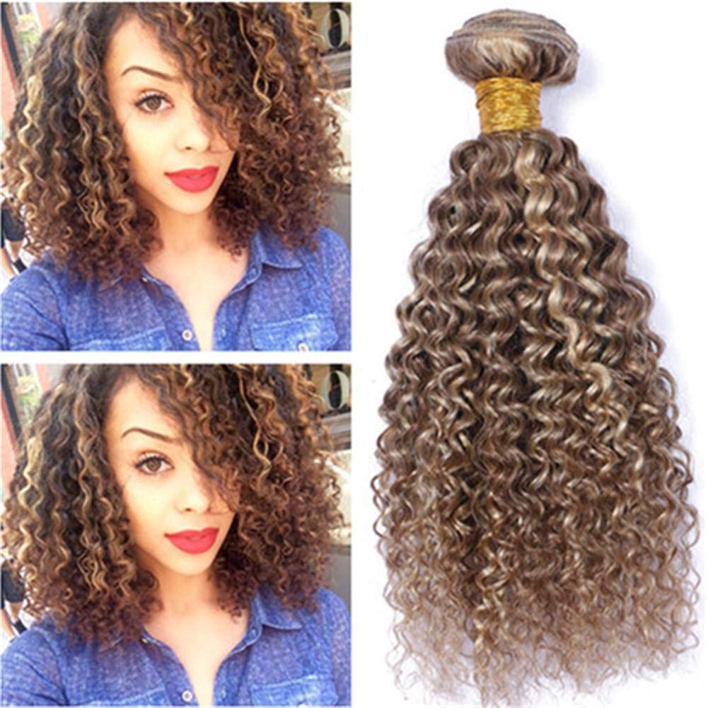 Tony Beauty Hair Kinky Curly #8/613 Mixed Piano Color Peruvian Human Hair Bundles Deals 3/4Pcs Lot Light Brown Highlight Mix with Blonde Piano Color Virgin Hair Weave Extensions (18 18 18)