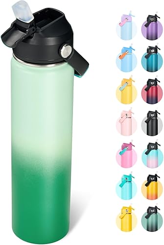 Miniatura 38 de Botella de agua de acero inoxidable aislada de 18 oz, de boca ancha, de doble pared con vacío, pajita de silicona, a prueba de sudor y fugas, termo