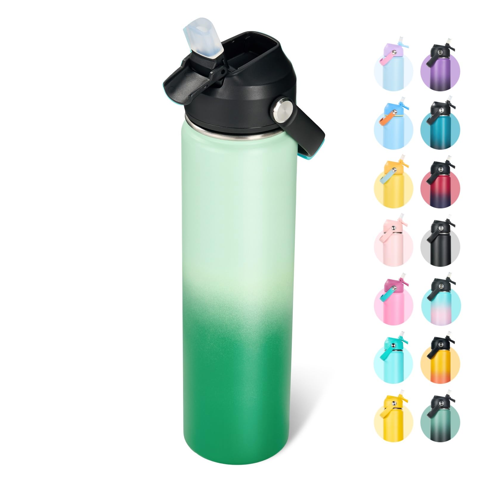 Fijinhom 24oz Insulated Stainless Steel Water Bottle, Wide Mouth Double Wall Vacuum, Silicone Straw, Sweat &amp; Leak Proof, BPA Free Insulated Water Flask for Travel, Green Gradient