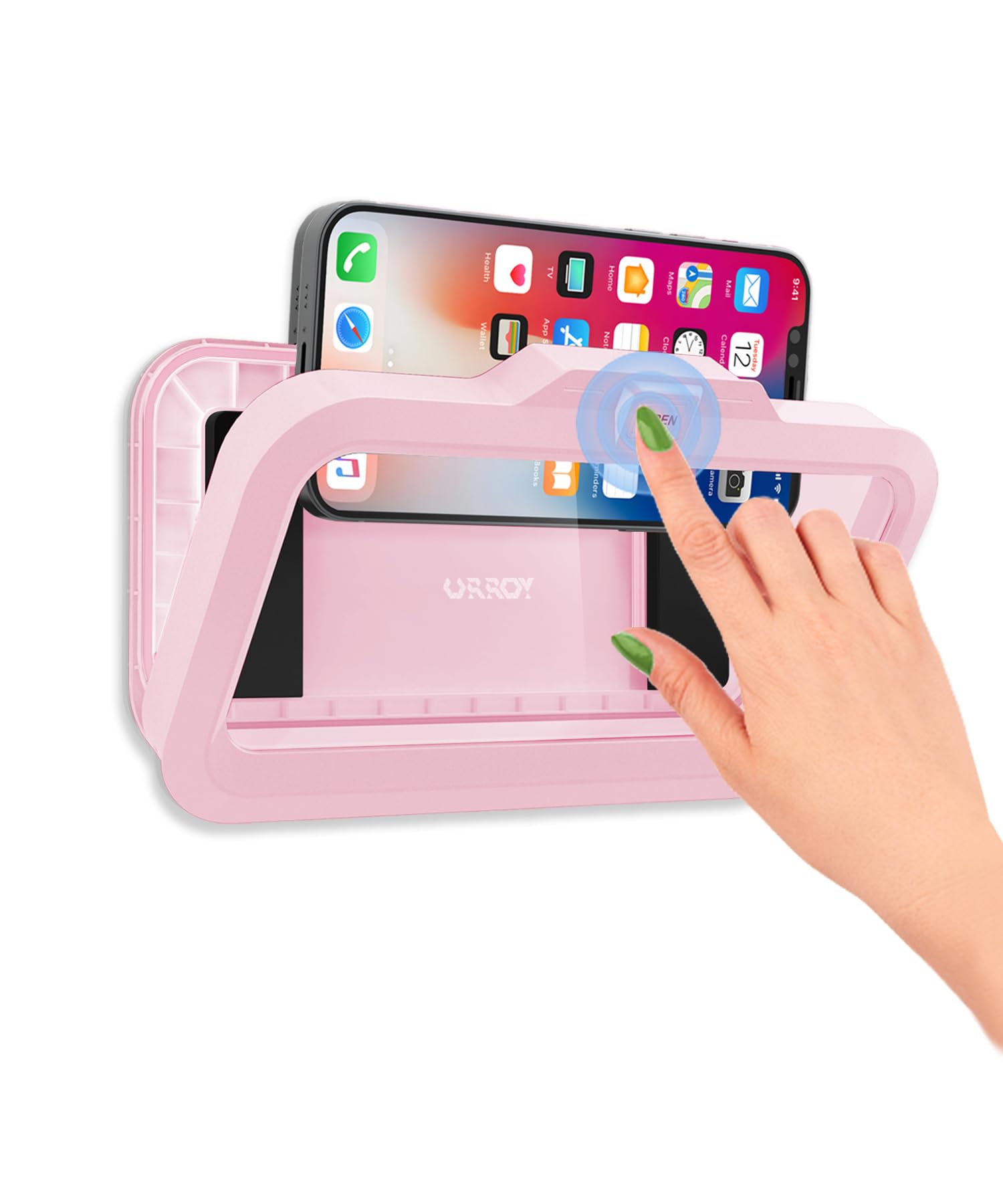 URROY Shower Phone Holder Waterproof One-Touch Open Shower Phone Case Anti-Fog &amp; Sensitive Touchscreen Bathroom Wall Phone Mount Stand Universal Fit for iPhone &amp; Smartphones Gift for Men Women Pink