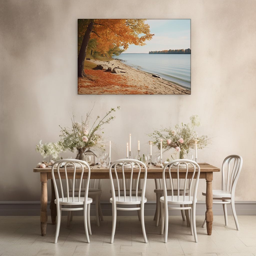 Canvas for Living room. Autumn Serenity by the Lakeside: A Tapestry of Vivid Fall Hues and Calming Blue Waters, 27 x 18 inch Canvas Wall Art - Contemporary Masterpieces - Modern Home Decor