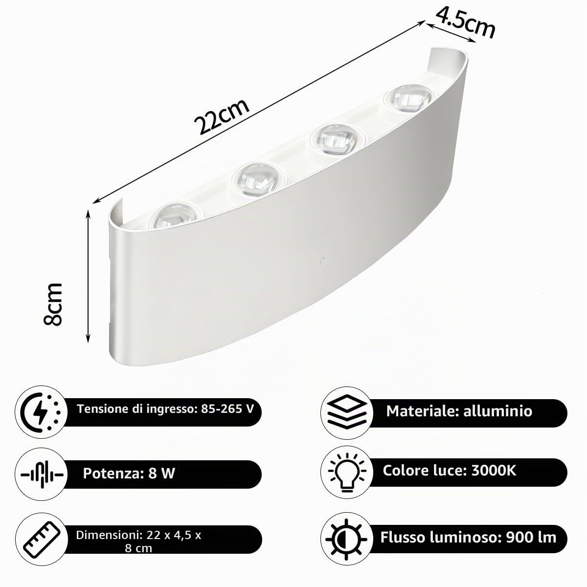 2 Pezzi 8W Moderno Lampada da Parete, LED Alluminio Applique da Parete, Bianco Caldo 3000K Up Down Applique per Casa, Balcone e Giardino