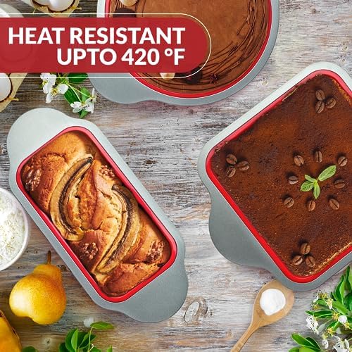 Boxiki Kitchen Silicone Baking Pans Set. 3 PCS Professional Non-Stick Baking Cake Pans Set includes Silicone Round Cake Pan, Square Cake Pan and Bread Loaf Pan. - Thumbnail 3