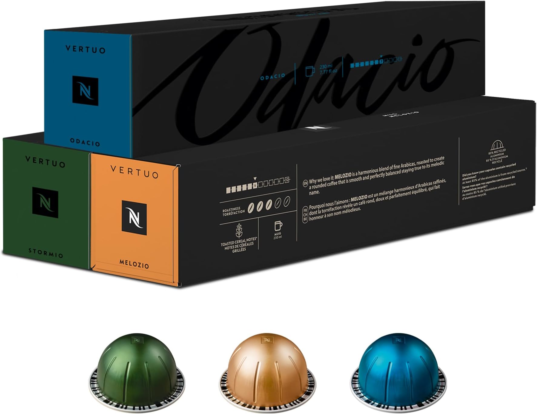 Vertuo Coffee Pods, Pack of 30, 10 x Melozio, 10 x Stormio, 10 x Odacio capsules for Nespresso Machines. Make Espressos, Cappuccino and Lattes at home. Recyclable Pods.