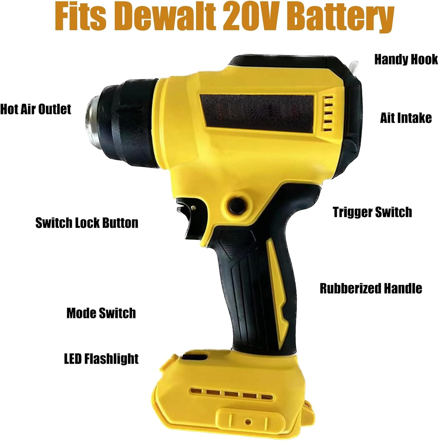 Cordless Heat Gun, Fits Dewalt 20V Battery, 752℉/1022℉ Temperature Hot Air Gun, for Crafting Heat Shrink Tubing Wrap Paint Glue Removal Soldering Desoldering, 4x Nozzles + Scraper (NO Battery)