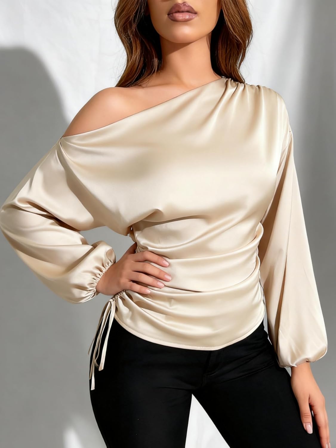 Floerns Women's Elegant Satin Off Shoulder Lantern Long Sleeve Blouses Drawstring Side Asymmetrical Neck Casual Fall Blouse - Image 4