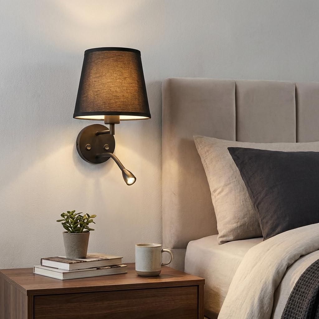 BARCELONA LED Applique da Parete Nera con Paralume in Tessuto e Luce Lettura LED Flessibile 3W Doppia Luce Doppio Interruttore Stile Moderno Vintage Industriale Lampada Camera Letto Bagno Interno