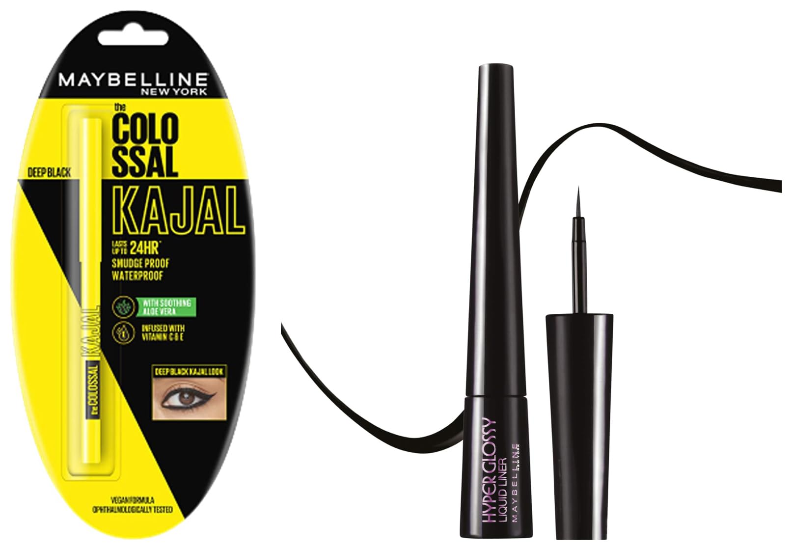 Maybelline New York Colossal Kajal, Black, 0.35g And Maybelline Hyper Glossy Liquid Liner, Black, 3g