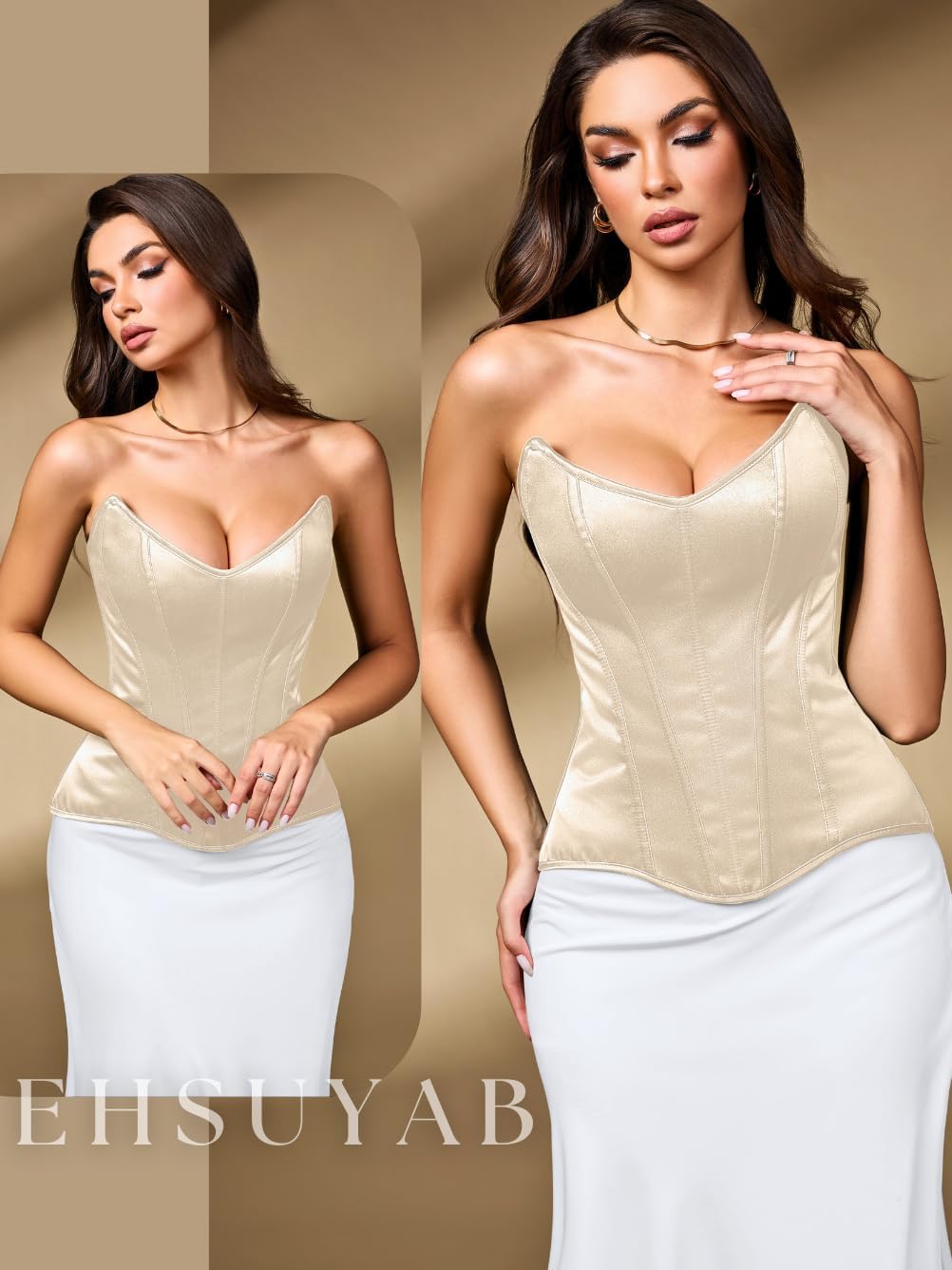 EHSUYAB Women Satin Overbust Corset Top, 15 Steel Boned Lace Up Shapewear, Xs-6Xl Sexy Bustier Formal Evening Party Going Out