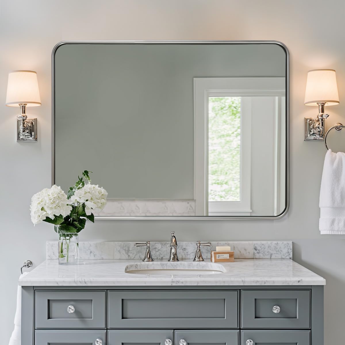 ANDY STAR Black Bathroom Wall Mirror, 24x40 Inch Rounded Rectangle Mirror for Bathroom, Modern Tube Matte Black Framed Rectangular Mirrors for Vanity, Explosion-Proof Film, Horizontal/Vertical