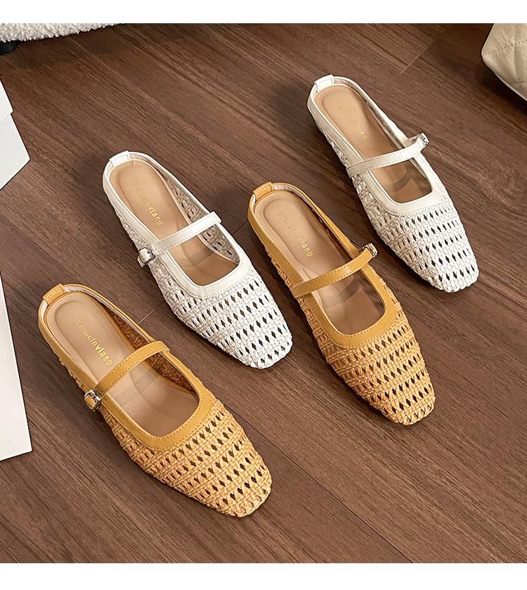Women's Hollowed Out Straw Boho Ballet Flats Woven Closed Toe Silp On Mules Mesh Mary Jane Flats4
